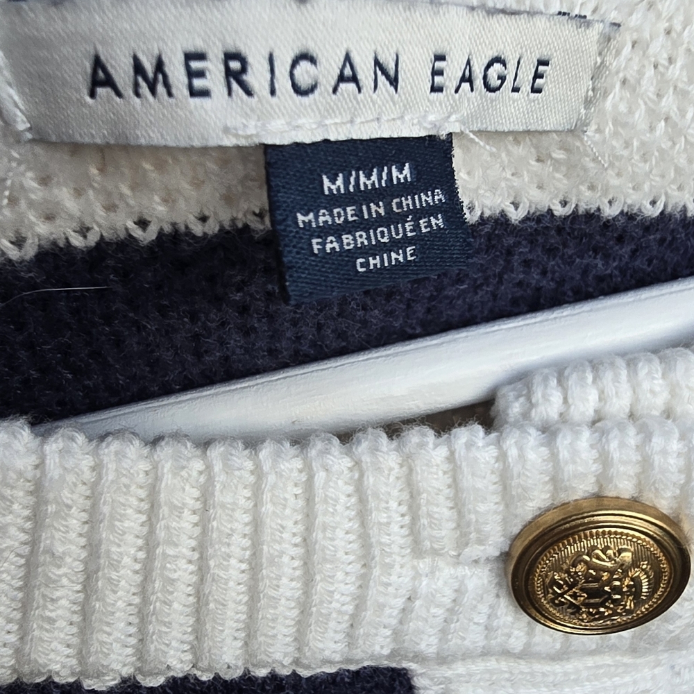 American Eagle Nautical Preppy Classic Navy & White Striped Cardigan Size M - Picture 3 of 3